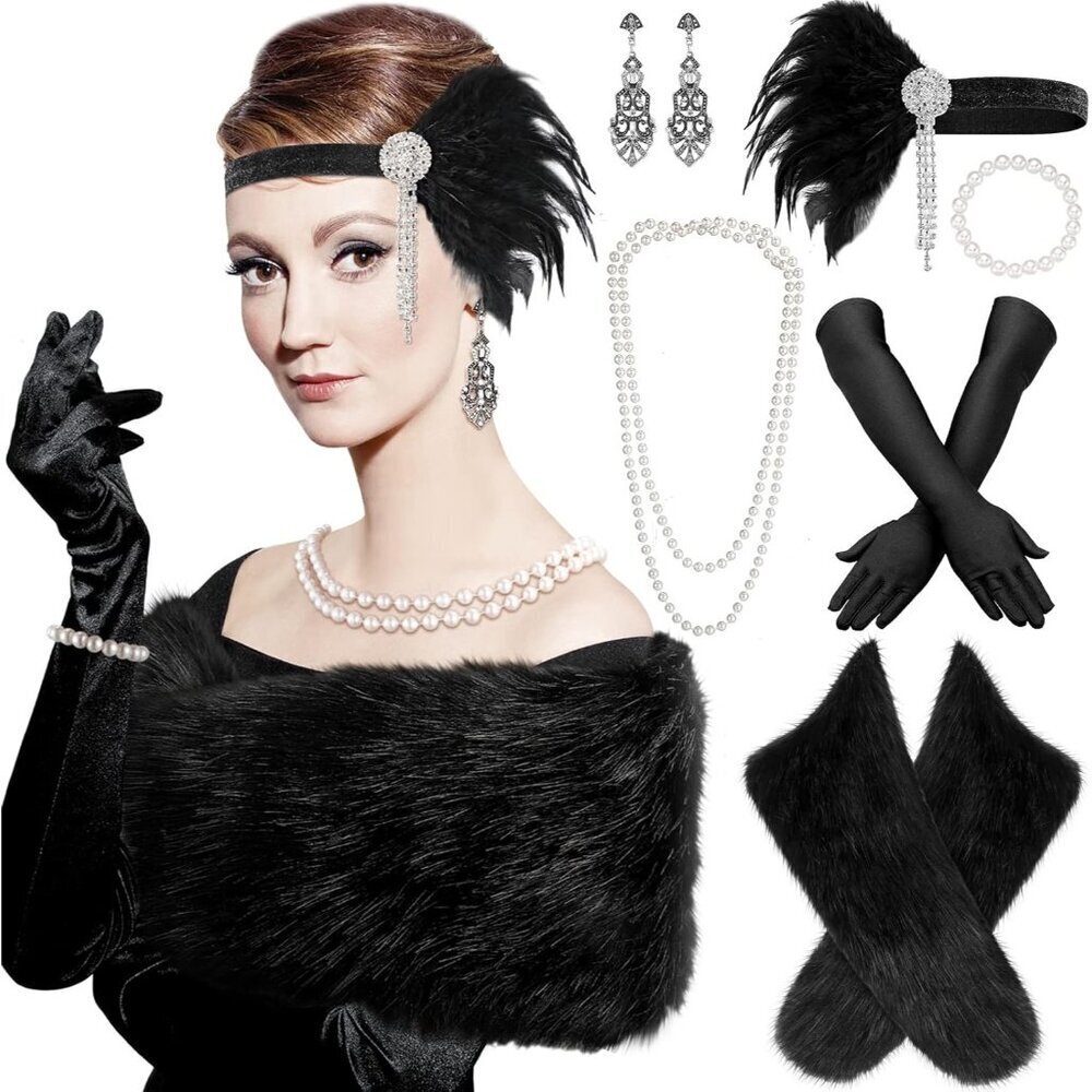 20s Flapper Costume Accessories Set Satin Faux Fur Headpiece Necklace Gloves